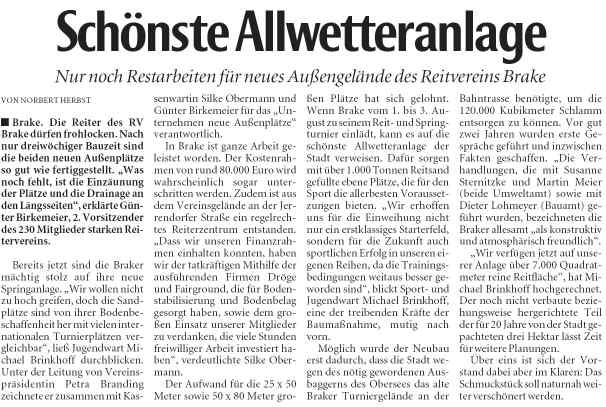  Sch�nste Allwetteranlage Reitverein Brake. Quelle: Neue Westf�lische, Stadtteile NR. 123, Donnerstag, 29. Mai 2008
